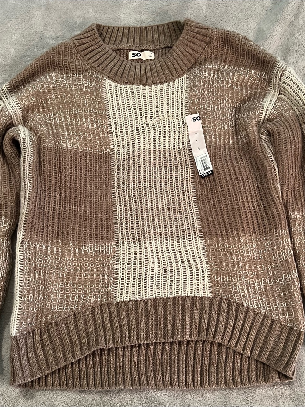 SO Women's Brown/Beige Colorblock Knit Crewneck Pullover Sweater S Ribbed